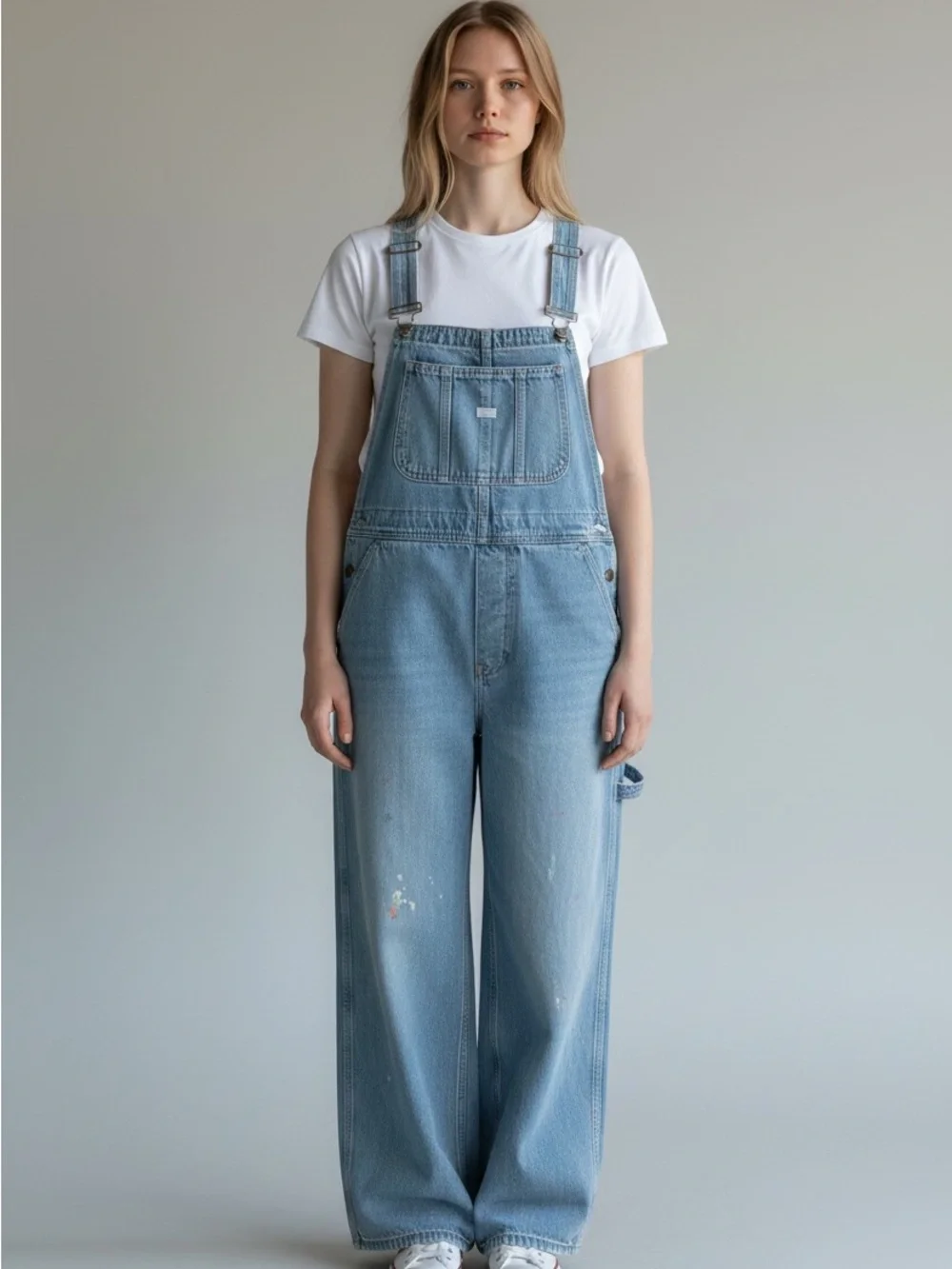 Mango Light Blue Denim Overalls with paint details